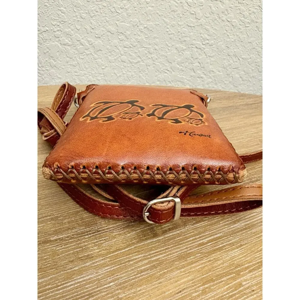 Hand Made Leather Cross-Body Sling Shoulder Pouch Purse Sea Turtles Hawaii GUC